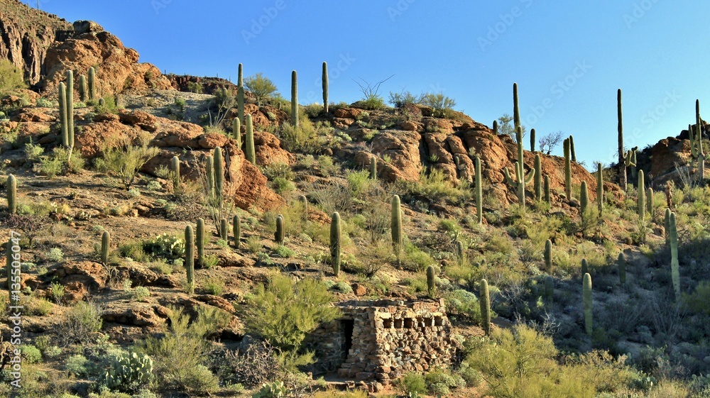 Old stone building located in the mountains of southwest Arizona surrounded by saguaro cactus under beautiful blue skies.