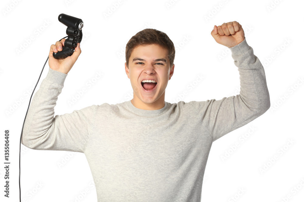 Teenager with game controller on white background Teenager with game controller on white background