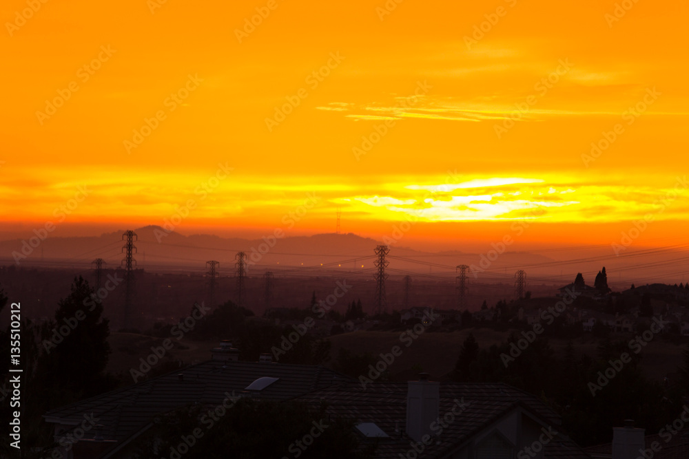 Colorful sunset in the east bay area looking towards San Francisco