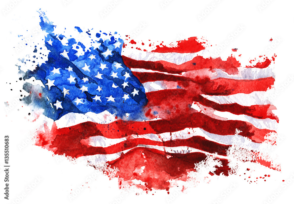 Fototapeta premium Flag of America, hand-drawn watercolor on white background