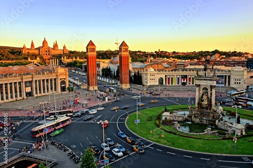 Photography Aerial view over Placa d'Espanya towards the National Art Museum at sunset, Barc