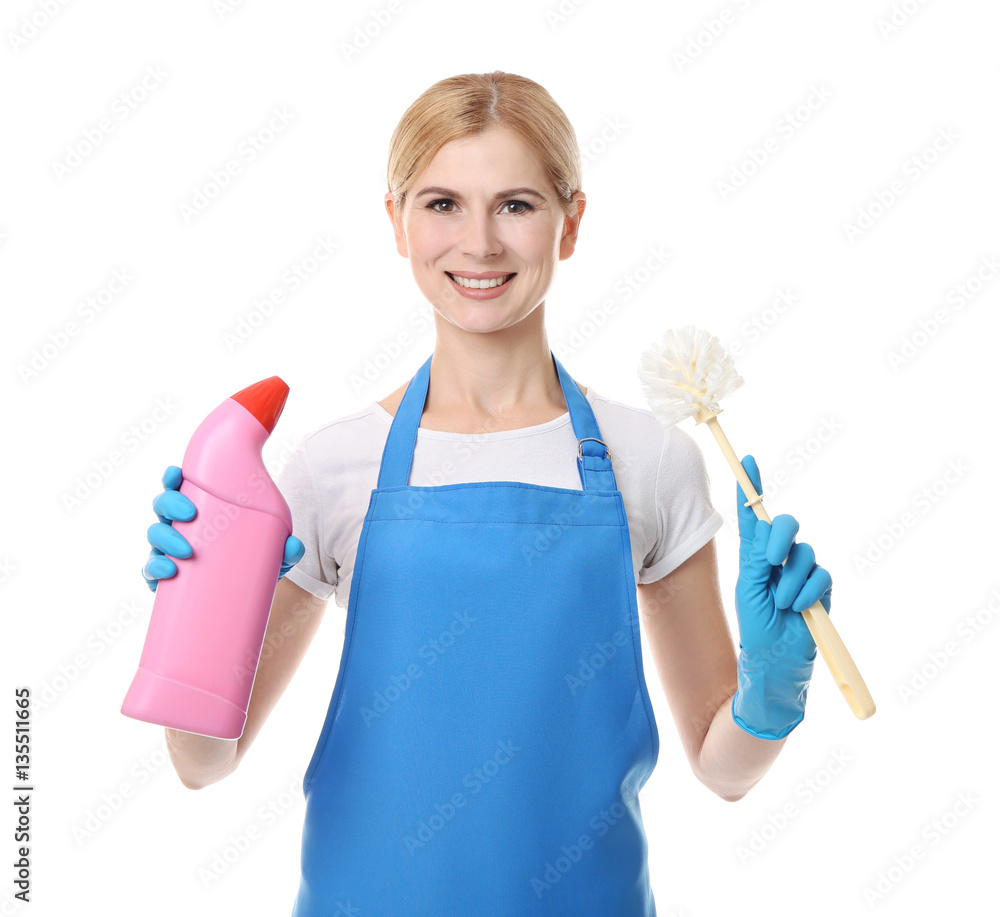 Pretty adult woman with brush and bottle of detergent on white background Pretty adult woman with brush and bottle of detergent on white background