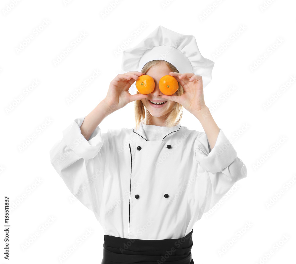 Cute girl in chef uniform on white background Cute girl in chef uniform on white background