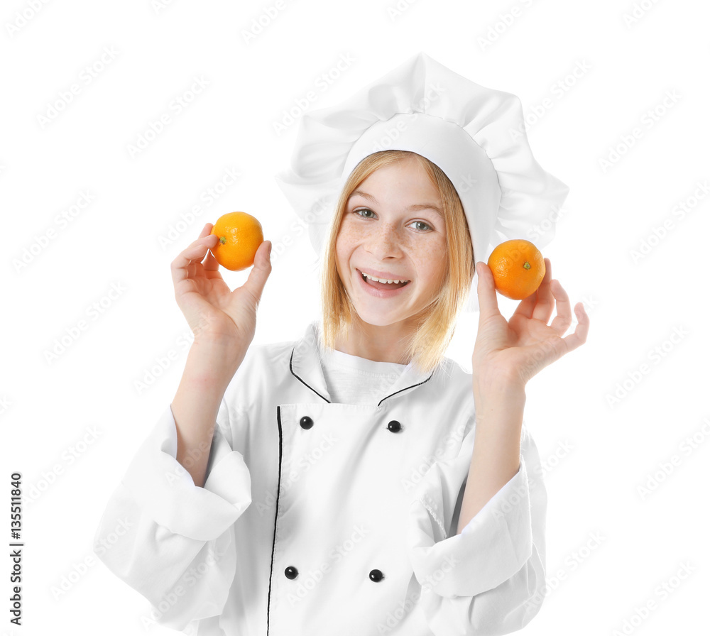 Cute girl in chef uniform on white background Cute girl in chef uniform on white background