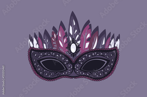 Mask with feathers, embroidery and stones, semi-precious stones. Venice Carnival, Mardi Grass. Vector illustration. 