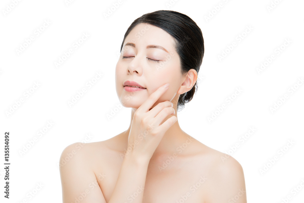 happy asian woman model hand touch perfect skin face happy asian woman model hand touch perfect skin face