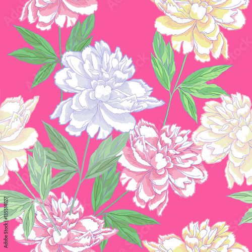 Green Seamless pattern with peonies . Spring 