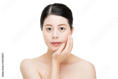 happy asian woman model hand touch perfect skin face