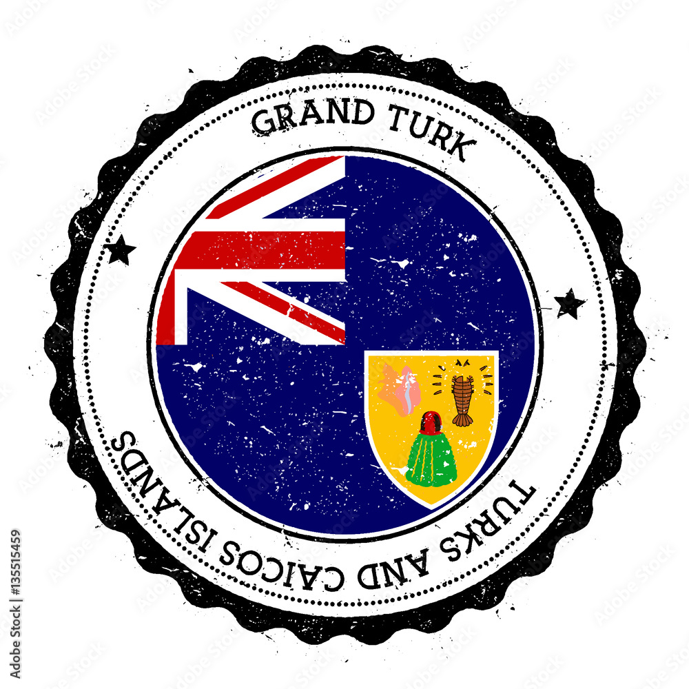 Grand Turk Island flag badge. Vintage travel stamp with circular text, stars and island flag inside it. Vector illustration.