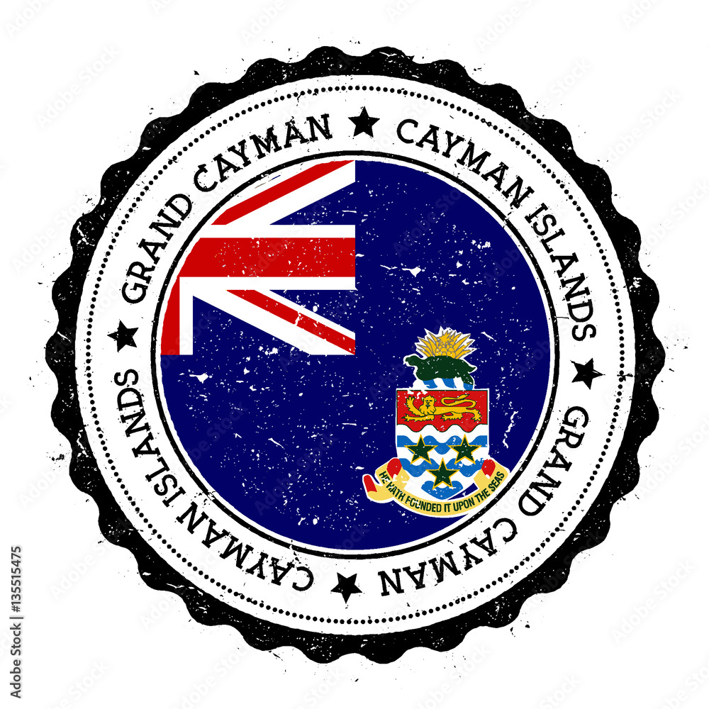 Grand Cayman flag badge. Vintage travel stamp with circular text, stars ...