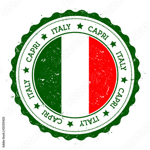 Capri flag badge. Vintage travel stamp with circular text, stars and island flag inside it. Vector illustration.
