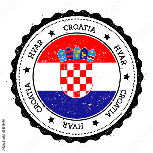 Hvar flag badge. Vintage travel stamp with circular text, stars and island flag inside it. Vector illustration.
