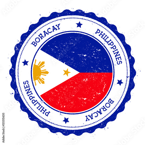 Boracay flag badge. Vintage travel stamp with circular text, stars and island flag inside it. Vector illustration.