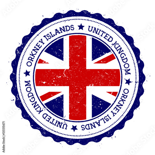 Orkney Islands flag badge. Vintage travel stamp with circular text, stars and island flag inside it. Vector illustration.