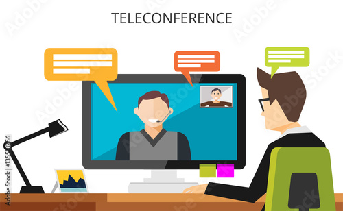 Teleconference concept. Video communication technology illustration. Video call. Businessman having teleconference.