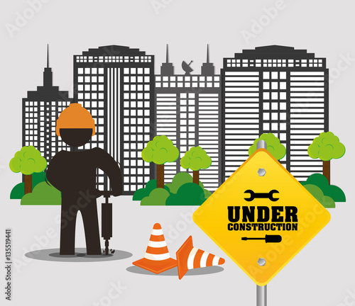 under construction worker city road cone building and trees vector illustration eps 10