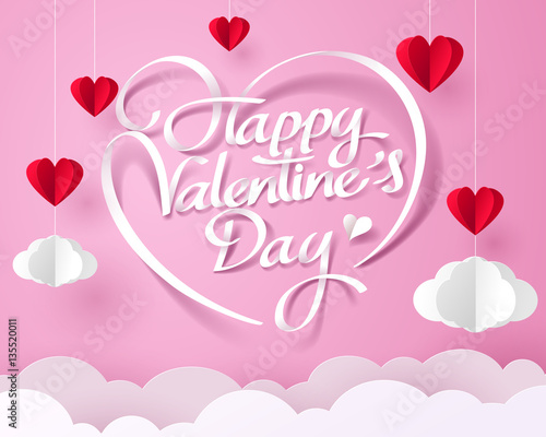 Paper art of happy valentines day with heart and cloud