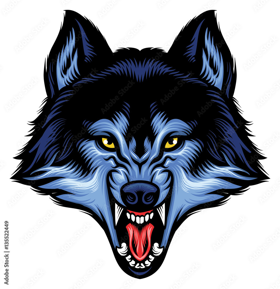 Naklejka premium wściekła głowa wilka pokazuje ostre zęby