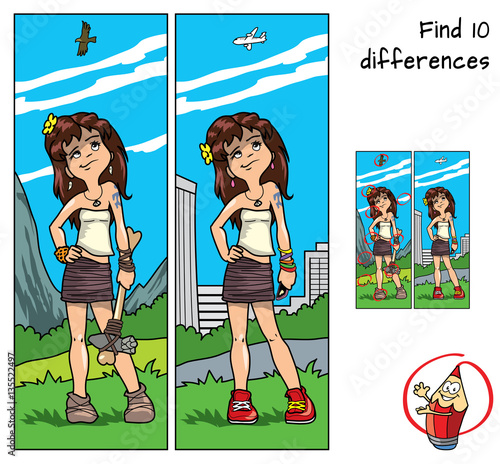 Modern young girl and prehistoric young girl. Find 10 differences. Educational game for children. Cartoon vector illustration.