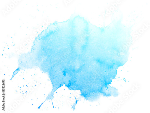 Abstract blue watercolor on white background.The color splashing on the paper.It is a hand drawn.