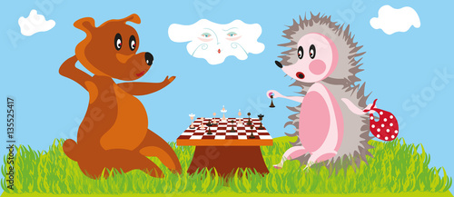 funny cartoon illustration with a bear and little hedgehog playing chess and a cloud in the sky observing the scene