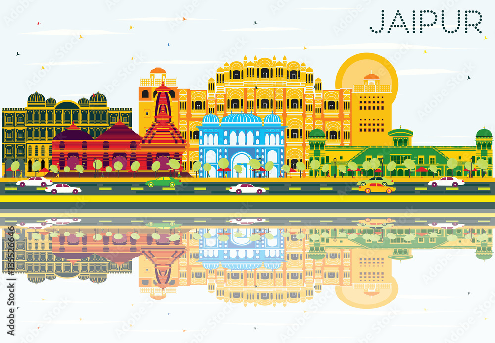 Jaipur Skyline with Color Buildings, Blue Sky and Reflections.