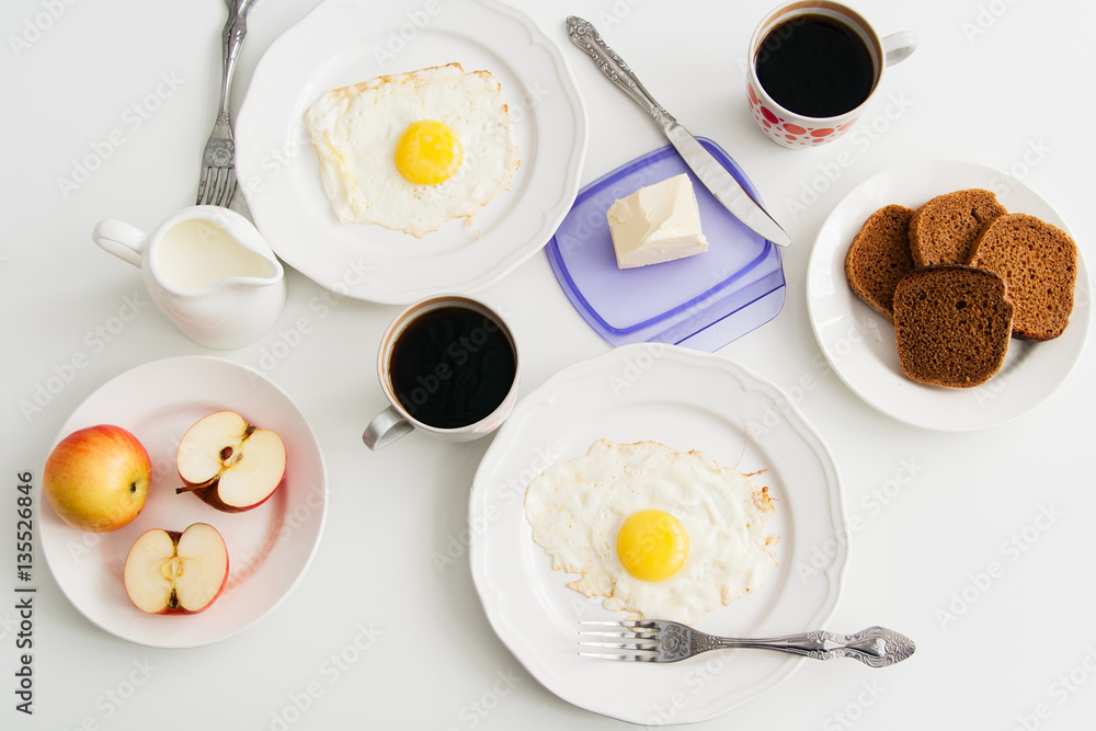 Healthy breakfast: fried egg with rye bread and coffee. Healthy breakfast: fried egg with rye bread and coffee.