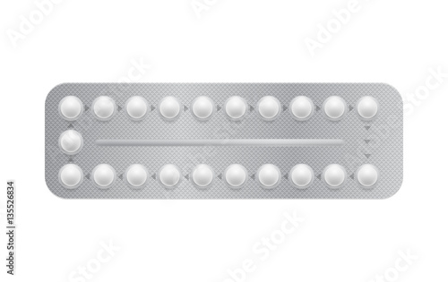 Realistic 3d blister with contraception pills. Mock-up medical hormonal oral contraceptive. Medication tablet, drug pack. Pharmaceutical vector illustration on white background. Pharmacy concept.