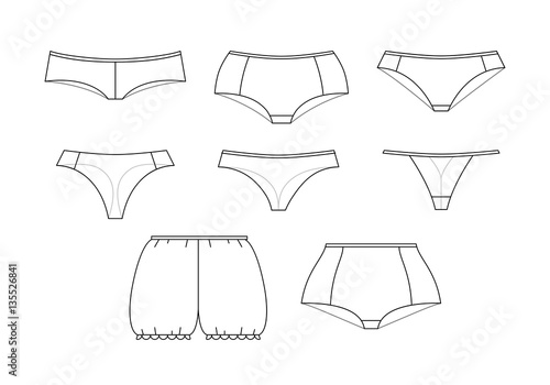 Fashion female underwear icons. Feminine lacy panties. Sexy lingerie with lace for lady, different classic models of briefs - bikini, tanga, thong, string. Thin line vector underpants illustrations.