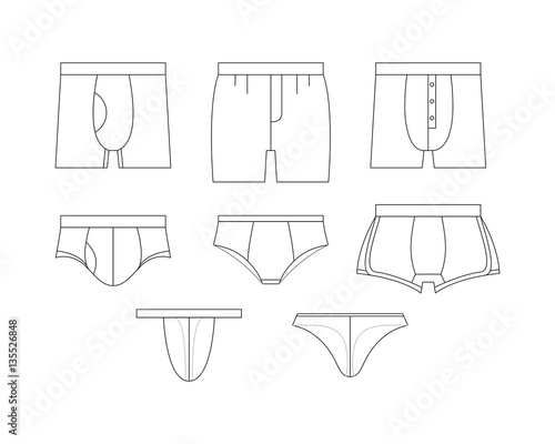 Set of clothes. Underwear for men: boxer, shorts. Different types of male briefs and shirt. Vector illustrations in thin line style.