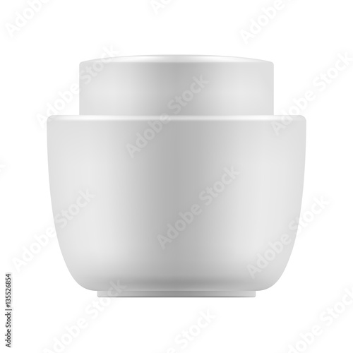 Vector blank template. Empty and clean jar with cap for cosmetic cream. 3d white plastic container for care face or gel for beauty skin. Mock-up of package.