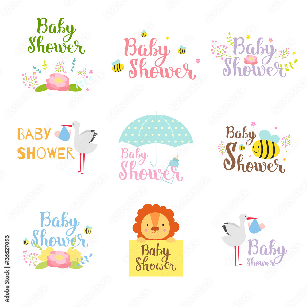 Baby shower badge vector set.