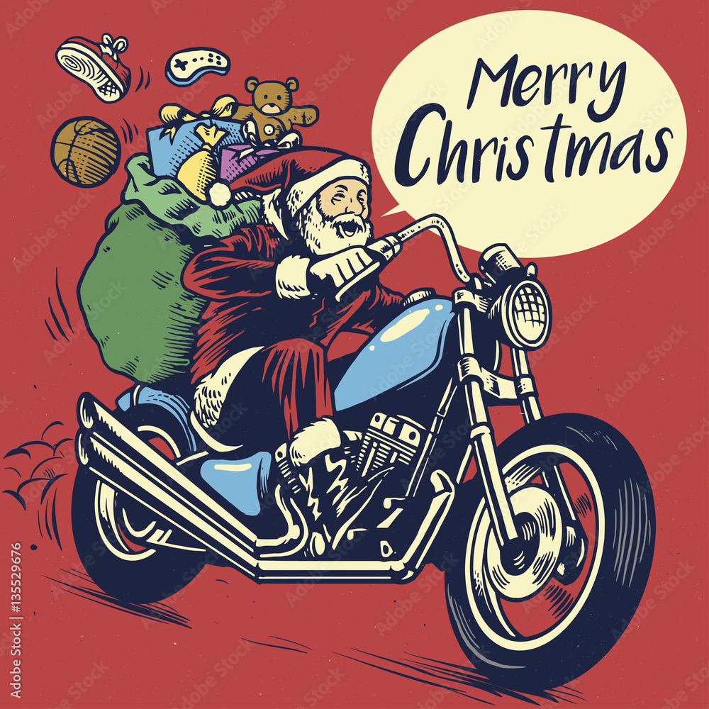 hand drawing style of santa claus ride a motorcycle to deliverin