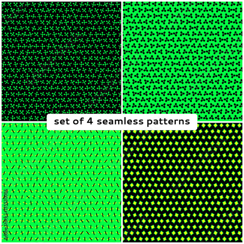 Set of 4 geometric seamless patterns. Abstract geometric element on a dark background. Modern design. For design Wallpaper, background, cards, banners, flyers.