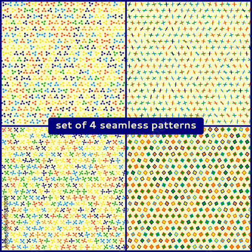 Set of 4 geometric seamless patterns. Abstract geometric element on a bright background. Modern design. For design Wallpaper, background, cards, banners, flyers.