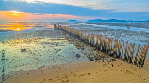 aerial photography at Sapan Hin park there have many interesting things to see the light house beside canal fishing birds life around the park.Bamboo weir waves from a canal When the ship sailed past.