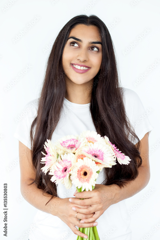 Dreamy Pretty Indian Woman Holding Flower Bouquet