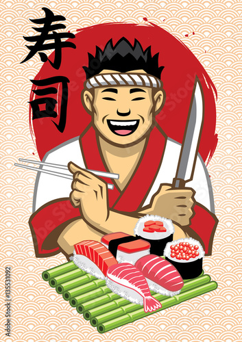 japanese chef presenting a set of sushi with sushi word writes i