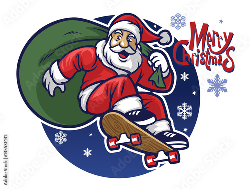 santa claus delivering the christmas gift by riding a skateboard