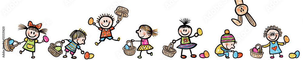 Fototapeta premium Set: Kinder bei der Ostereiersuche / handgezeichnet, farbig, Vektor