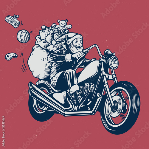 santa claus ride a motorcycle with bunch of christmas gift