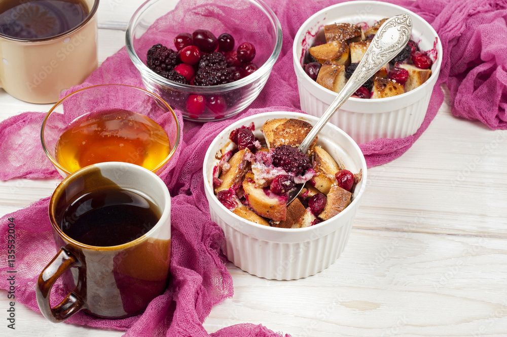 French toast casserole with cranberries, raspberries and blackbe French toast casserole with cranberries, raspberries and blackbe