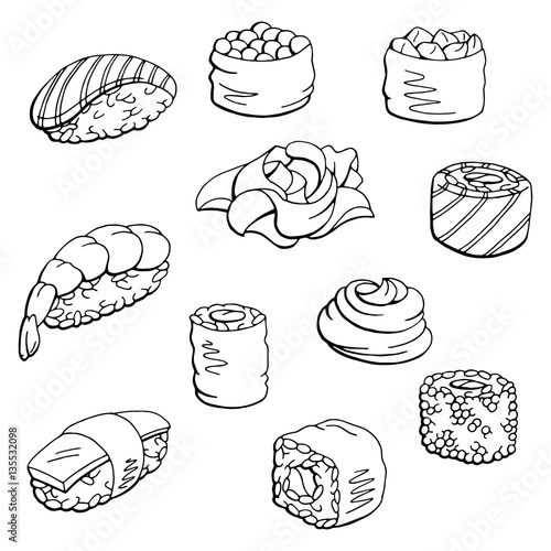 Sushi set graphic black white isolated food sketch illustration vector