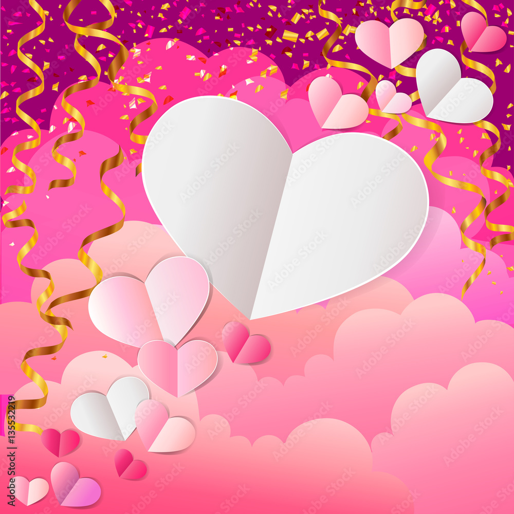 empty paper hearts composition on pink background with golden se