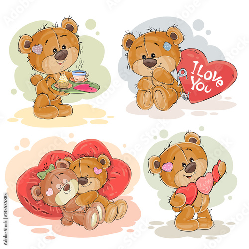 Set vector clip art illustrations of enamored teddy bears