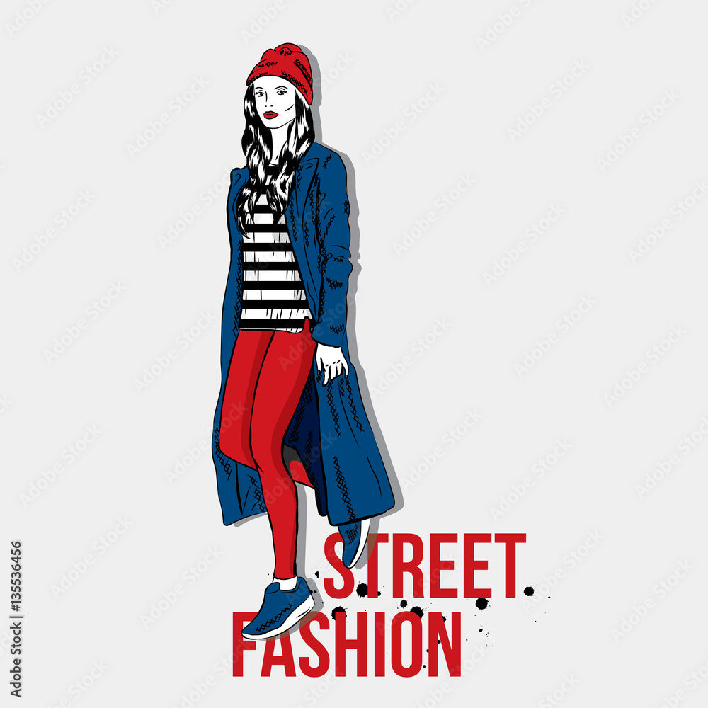 Stylish girl in coat, jeans and sneakers. Street fashion. Vector illustration. Stylish girl in coat, jeans and sneakers. Street fashion. Vector illustration.
