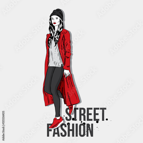 Stylish girl in coat, jeans and sneakers. Street fashion. Vector illustration.
