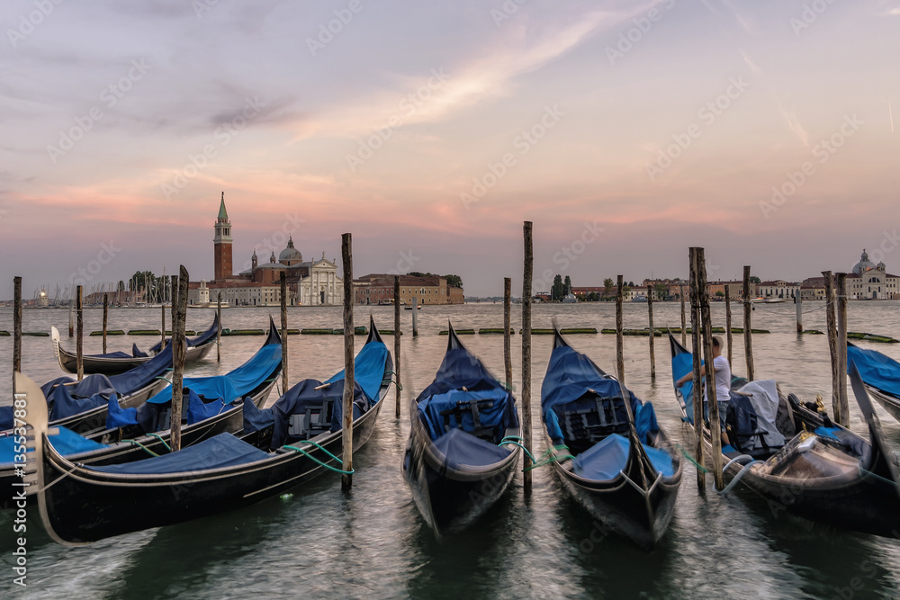 Gondolas at sunset, Venice, Italy