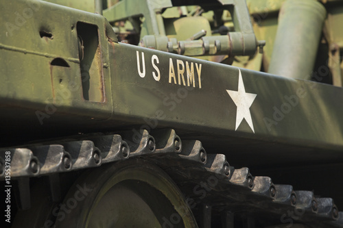 Tank close-up with text US Army on it. 