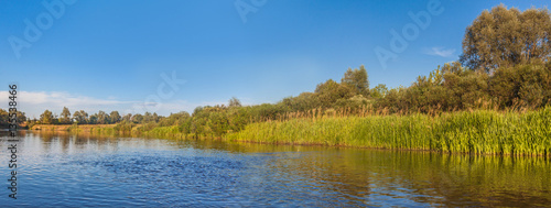 Panorama of a small river in Polesie a bright sunny summer day